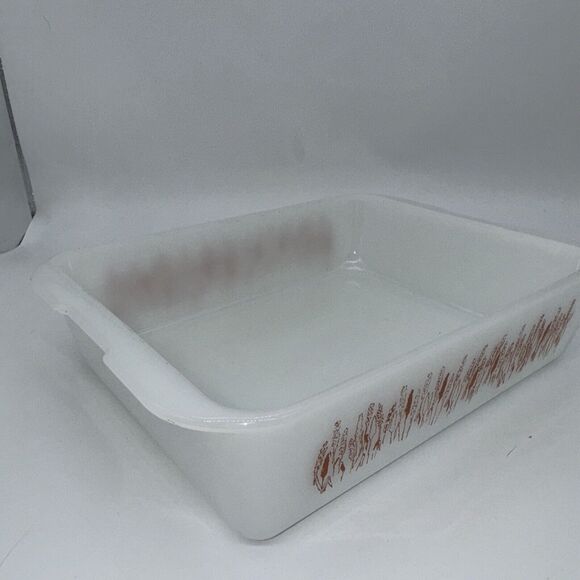 VTG White Ceramic Baking Dish with Copper‎ Wheat Pattern Farmhouse Kitchen Decor - Picture 4 of 14